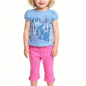 2pc Toddler Outfit Short Sleeve Blouse T-Shirt Tee & Pink Capri Pants | Sz 1-2